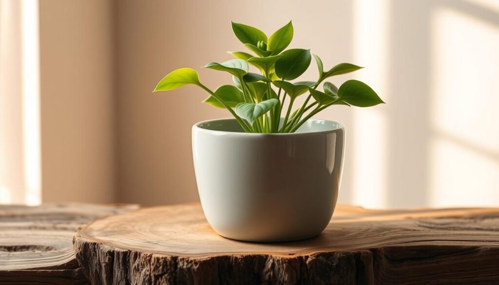 A sleek, modern ceramic pot sits upon a rustic wooden surface, its smooth, glossy texture contrasting with the natural grain of the wood. The pot is an ideal size and shape for housing a healthy, thriving plant, with ample room for the roots to spread and the foliage to flourish. The lighting is soft and diffused, creating a warm, inviting atmosphere that complements the earthy tones of the pot and the wood. The composition is balanced, with the pot positioned centrally and the surrounding environment subtly framing it, drawing the viewer's attention to the vessel and the plant it contains.