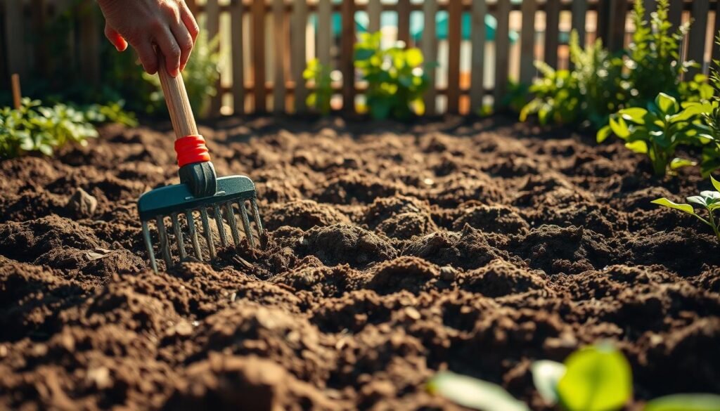 A sun-dappled garden bed, the soil freshly tilled and turned, ready for new life. In the foreground, a pair of weathered hands gently rake the earth, carefully breaking up clumps and creating a fine, even texture. The middle ground reveals rows of neatly aligned furrows, the rich, dark soil contrasting with the vibrant green foliage of nearby plants. In the background, a wooden fence frames the scene, casting gentle shadows that create a sense of depth and atmosphere. The lighting is soft and natural, illuminating the scene with a warm, golden glow that evokes a sense of tranquility and anticipation. This is the perfect canvas for new growth, a vital step in the journey of cultivating a thriving garden.