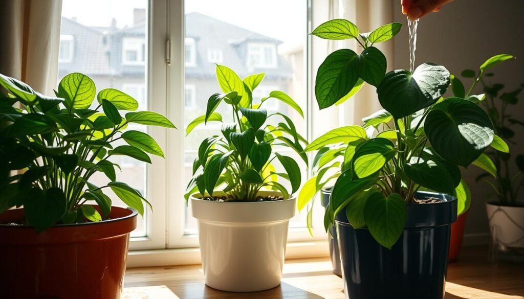 A sunlit indoor scene, showcasing several common watering mistakes. In the foreground, a potted plant is being overwatered, with water pooling around the base. In the middle ground, a plant is wilting from underwatering, the soil cracked and dry. In the background, a plant is receiving water directly on its leaves, causing water spots. Soft, natural lighting filters through a nearby window, casting subtle shadows. The overall mood is one of educational concern, highlighting the importance of proper soil moisture monitoring for healthy, thriving houseplants. A sunlit indoor scene, showcasing several common watering mistakes. In the foreground, a potted plant is being overwatered, with water pooling around the base. In the middle ground, a plant is wilting from underwatering, the soil cracked and dry. In the background, a plant is receiving water directly on its leaves, causing water spots. Soft, natural lighting filters through a nearby window, casting subtle shadows. The overall mood is one of educational concern, highlighting the importance of proper soil moisture monitoring for healthy, thriving houseplants.
