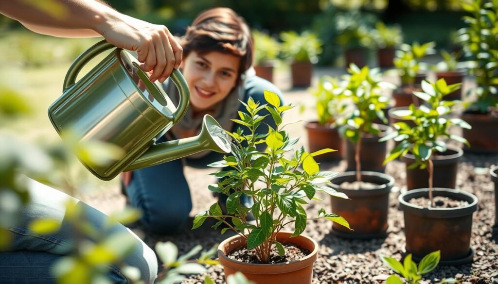 A tranquil garden scene with a person kneeling by a potted plant, carefully watering it. The foreground shows the person's hands gently pouring water from a watering can, with a focused expression on their face. The middle ground features the lush, green foliage of the potted plant, its leaves gently swaying. The background depicts a serene, sun-dappled setting with other potted plants arranged neatly, suggesting a well-organized and cared-for environment. The lighting is soft and natural, creating a calming, educational atmosphere. The camera angle is slightly elevated, providing a clear view of the watering technique and the plant's response to it.