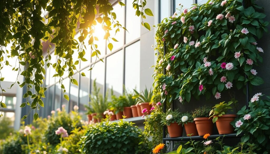 A tranquil vertical garden set against a sun-dappled backdrop, showcasing the lush greenery and vibrant flora. In the foreground, cascading vines and blooming flowers create a serene and lush composition. The middle ground features various potted plants artfully arranged, highlighting the efficient use of vertical space. In the background, a modern building facade with large windows provides a sleek, urban contrast. The lighting is soft and natural, casting warm hues and gentle shadows that accentuate the textural details of the plants. The overall atmosphere evokes a sense of calmness, sustainability, and the harmonious integration of nature within an urban setting.