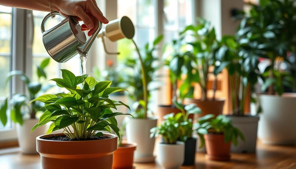 A tranquil, well-lit indoor scene showcasing the proper techniques for watering potted plants. In the foreground, a person's hands gently pour water from a small watering can onto the soil of a lush, verdant potted plant. The middle ground features a collection of various potted plants of different sizes and species, each with their own unique watering needs. The background displays a warm, inviting interior with natural light filtering in through large windows, creating a serene and nurturing atmosphere. The composition emphasizes the delicate balance required to properly care for and hydrate indoor plants, with a focus on the precise, measured actions needed to ensure their health and vitality.