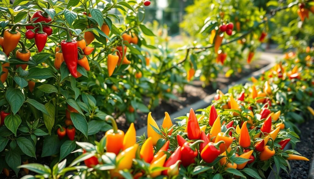 A vibrant and lush kitchen garden overflowing with thriving chili pepper plants. The foreground showcases several varieties of peppers in different stages of growth, their leaves and stems bursting with rich, warm hues. The middle ground features an array of colorful, ripe peppers in shades of red, orange, and yellow, inviting the viewer to imagine their tantalizing flavors. In the background, a well-tended vegetable patch sets the scene, with sunlight filtering through the foliage and casting a soft, golden glow over the entire composition. The image conveys the joy and satisfaction of cultivating these versatile and flavorful plants, capturing the essence of the "Por que cultivar pimentas em casa?" section.