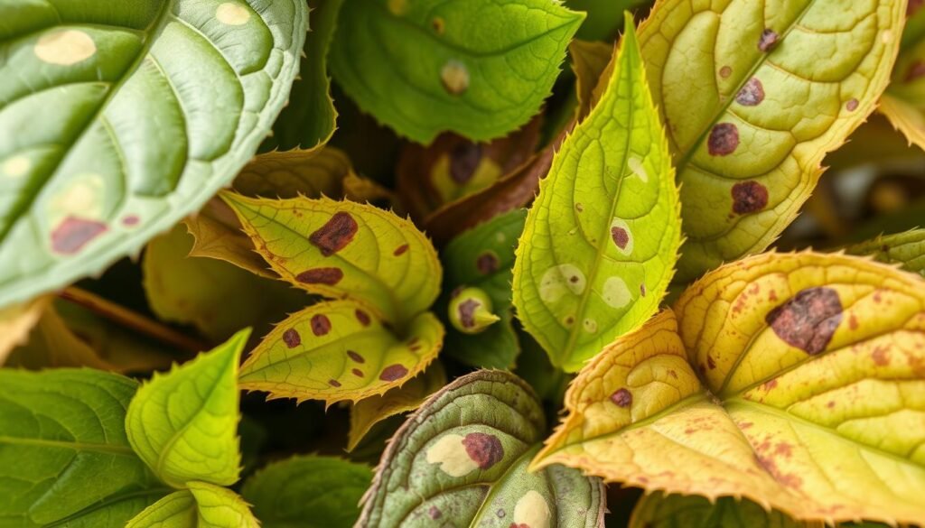 A vibrant close-up of various plant leaves, showcasing common symptom patterns like spots, discoloration, and distortion. The leaves are illuminated by soft, diffused natural lighting, capturing their delicate textures and intricate details. The composition focuses on the foreground, with a slightly blurred background to emphasize the subject. The overall mood is one of scientific observation, inviting the viewer to examine the leaves and identify potential disease indicators. The image should provide a clear, visually compelling representation of the section title "Doenças Mais Comuns em Plantas e Seus Sinais".