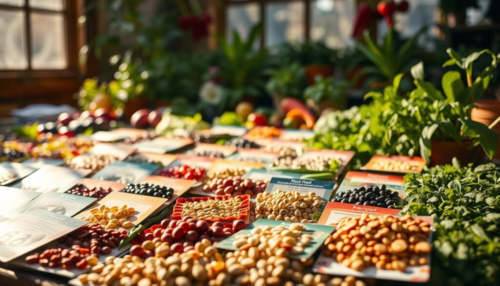 A vibrant display of vegetable seeds laid out in an organized arrangement, captured under warm, natural lighting that casts gentle shadows. The foreground features an assortment of seed packets and individual seeds, showcasing their unique shapes, sizes, and textures. The middle ground highlights the diverse array of vegetable varieties, inviting the viewer to explore the possibilities for their garden. The background softly blurs, creating a sense of depth and focus on the central elements. The overall mood is one of anticipation and inspiration, encouraging the viewer to embark on a journey of planting and nurturing their own bountiful harvest.