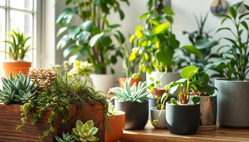 A vibrant indoor garden filled with low-maintenance houseplants, bathed in soft, natural lighting. In the foreground, a variety of thriving succulents and air plants cascade gracefully from a rustic wooden planter. The middle ground features lush, trailing pothos vines and compact snake plants in minimalist ceramic pots, arranged harmoniously. The background hints at a sun-dappled window, casting a warm, welcoming glow over the scene. The overall composition exudes a sense of tranquility and effortless elegance, inviting the viewer to imagine the joy of caring for these resilient, easy-to-maintain indoor companions.