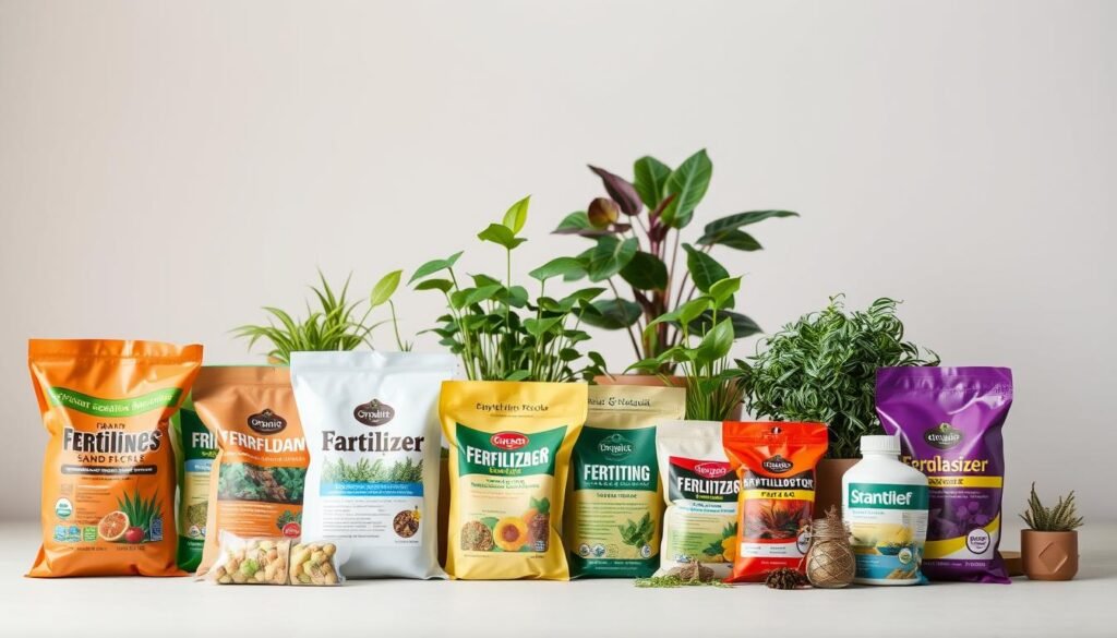 A vivid array of different fertilizer types for plants, showcased in a clean, minimalist still life composition. In the foreground, various organic and synthetic fertilizer packets and containers are neatly arranged, displaying their labels and contents. The middle ground features healthy, lush potted plants of varying sizes and species, highlighting the intended application of the fertilizers. The background is a softly blurred, neutral-toned backdrop, allowing the subject to take center stage. The lighting is soft and diffused, accentuating the textures and colors of the fertilizers and plants. The overall mood is educational and informative, inviting the viewer to explore the diverse range of plant nutrition options. A vivid array of different fertilizer types for plants, showcased in a clean, minimalist still life composition. In the foreground, various organic and synthetic fertilizer packets and containers are neatly arranged, displaying their labels and contents. The middle ground features healthy, lush potted plants of varying sizes and species, highlighting the intended application of the fertilizers. The background is a softly blurred, neutral-toned backdrop, allowing the subject to take center stage. The lighting is soft and diffused, accentuating the textures and colors of the fertilizers and plants. The overall mood is educational and informative, inviting the viewer to explore the diverse range of plant nutrition options.