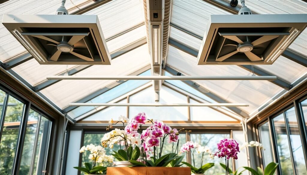 A well-lit, airy greenhouse interior, with a focus on an orchid display. The lighting is a combination of natural sunlight filtering through large windows and strategically placed LED grow lights, creating a warm, inviting ambiance. The ventilation system is prominently featured, with sleek, modern air vents and fans gently circulating the air around the orchids. The orchids themselves are displayed on tiered wooden shelves, their vibrant blooms and lush foliage taking center stage. The overall composition emphasizes the importance of providing the ideal growing conditions for these delicate plants, capturing the essence of the "Choosing the ideal location for your orchids" section.