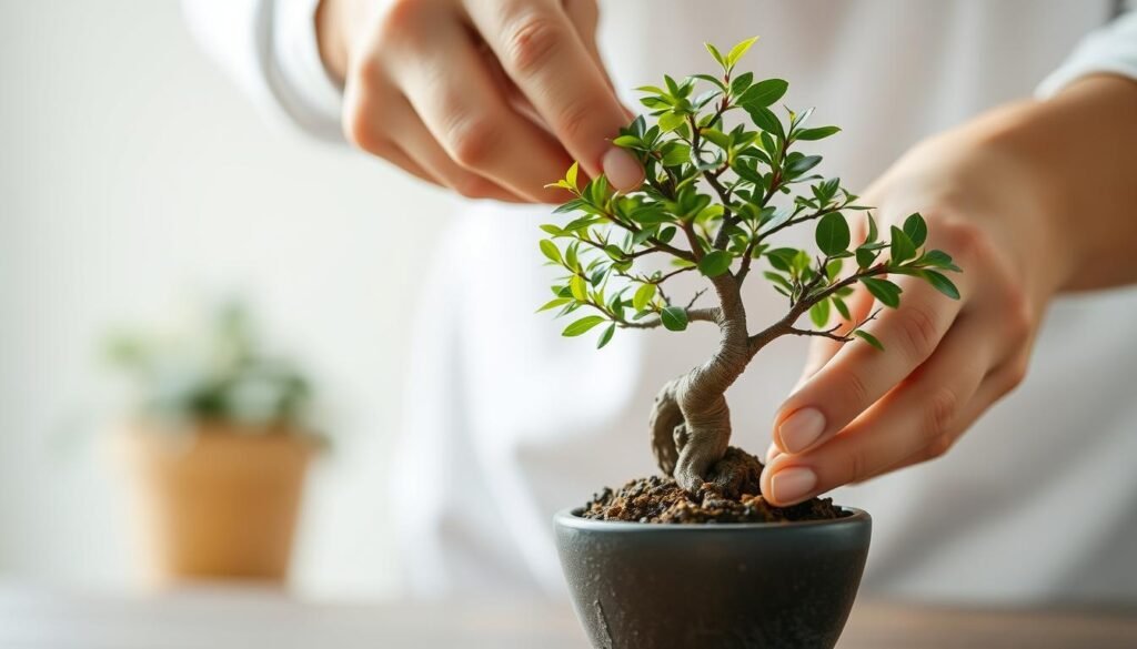 A well-lit, close-up shot of a person's hands carefully pruning and trimming a small, lush potted bonsai tree. The background is blurred, allowing the viewer to focus on the intricate, delicate task at hand. The lighting is soft and natural, emphasizing the textures of the leaves and bark. The composition is balanced, with the tree occupying the central focus, surrounded by the person's attentive hands. The overall scene conveys a sense of patience, precision, and the nurturing care required to maintain a healthy, thriving mini-tree.