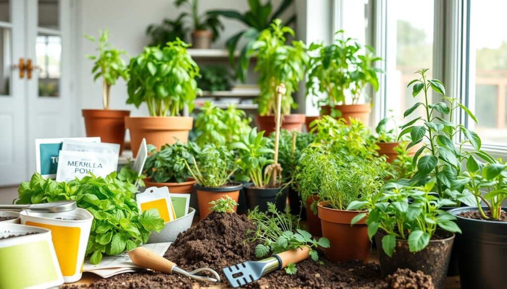 A well-lit, high-resolution photograph of a variety of indoor potted plants, displaying various growing techniques for container gardening. The foreground showcases different types of potting soil, seed packets, and gardening tools arranged neatly. The middle ground features a diverse collection of thriving plants in various stages of growth, including herbs, succulents, and small vegetables. The background depicts a bright, airy room with large windows allowing natural light to flood the scene, creating a serene, peaceful atmosphere. The composition emphasizes the step-by-step process of growing plants in containers, with a focus on practical tips and best practices for successful container gardening.