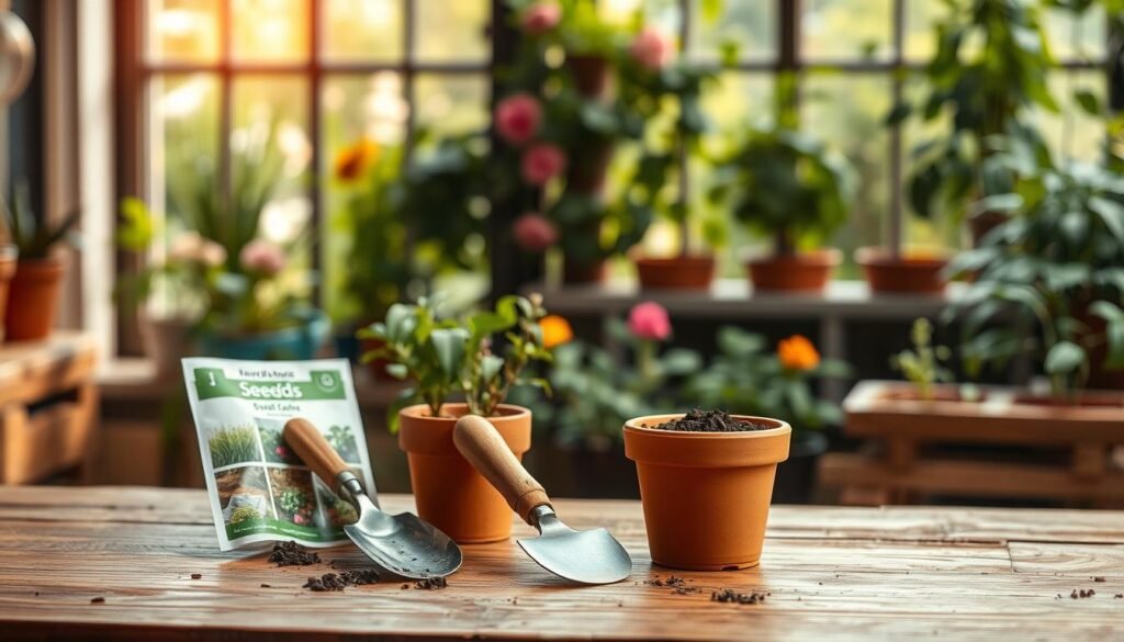 A well-lit, high-resolution photograph of a wooden table with various gardening supplies arranged neatly in the foreground. In the middle ground, a packet of seeds, a small trowel, and a pair of gardening gloves sit next to a small terracotta pot filled with potting soil. The background features a lush, out-of-focus indoor garden, with warm, natural lighting filtering through a large window, creating a serene and inviting atmosphere. The overall composition conveys a sense of organization, preparation, and anticipation for the upcoming planting process.