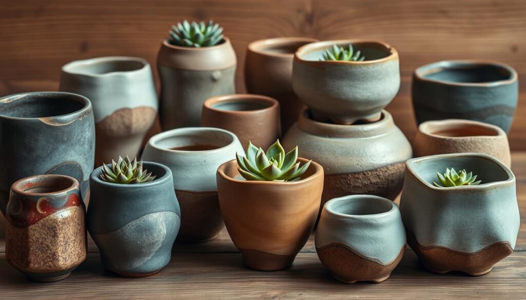 A well-lit, high-resolution photograph of an assortment of handcrafted ceramic plant pots in various earthy tones and organic shapes, displayed on a wooden surface. The pots feature intricate textural details and a matte, rustic finish that complements the natural material. The composition places emphasis on the unique forms and glazes of the ceramic vessels, creating a visually appealing and harmonious display that would be suitable for showcasing the best plant containers for succulents.