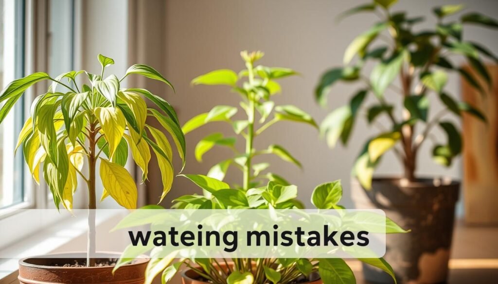 A well-lit indoor scene showcasing common watering mistakes for potted plants. In the foreground, an overwatered plant with yellowing, drooping leaves. In the middle ground, a plant with dry, cracked soil indicating underwatering. In the background, a plant receiving uneven water distribution, with some areas too wet and others too dry. The lighting is soft and natural, highlighting the textures and colors of the plants. The composition emphasizes the contrast between the three scenarios, guiding the viewer's attention to the key watering issues. The overall mood is educational, inviting the viewer to learn from these common errors.