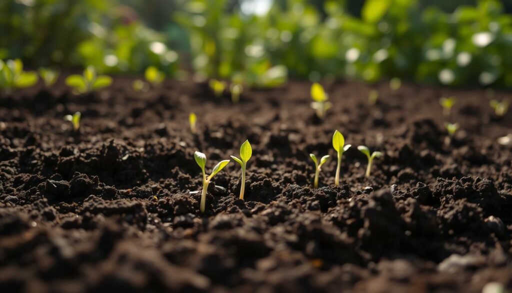 A well-lit scene of a freshly tilled garden bed, the soil dark and rich, with several small seedlings emerging from the earth, their delicate green leaves unfurling towards the sun. The foreground is focused on the direct germination process, showcasing the seeds taking root in the soil, while the middle ground depicts the surrounding garden, lush and verdant, with a gentle hazy background of blurred foliage. The lighting is soft and natural, casting a warm, inviting glow over the scene, evoking a sense of growth, renewal, and the beauty of the natural world.