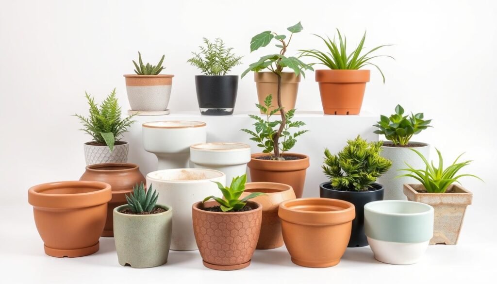 A well-lit, studio-style photograph of an assortment of attractive plant pots and cachepots in various shapes, sizes, and materials, including terracotta, ceramic, and glass, arranged on a clean, white background. The pots showcase a range of classic and modern designs, with some featuring intricate textures or glazed finishes. The image captures the visual appeal and versatility of these containers, highlighting how they can enhance the presentation of indoor plants and contribute to the overall aesthetic of a space.