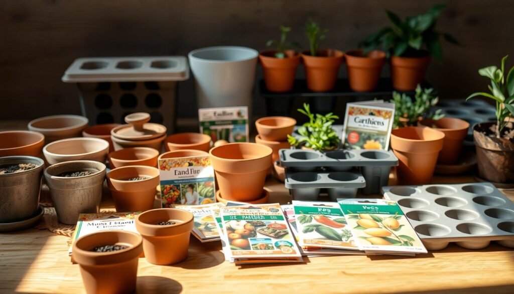 A well-lit tabletop scene showcasing an array of colorful seed packets and various potting containers. In the foreground, an assortment of terracotta pots, ceramic planters, and biodegradable seed trays are carefully arranged, their textures and materials highlighted by soft, natural lighting. In the middle ground, the seed packets are displayed prominently, their vibrant graphics and labels capturing the viewer's attention. The background features a subtle, out-of-focus backdrop, perhaps a wooden surface or a gentle gradient, allowing the the focus to remain on the seeds and containers. The overall mood is one of anticipation and preparation, setting the stage for the planting process described in the article.