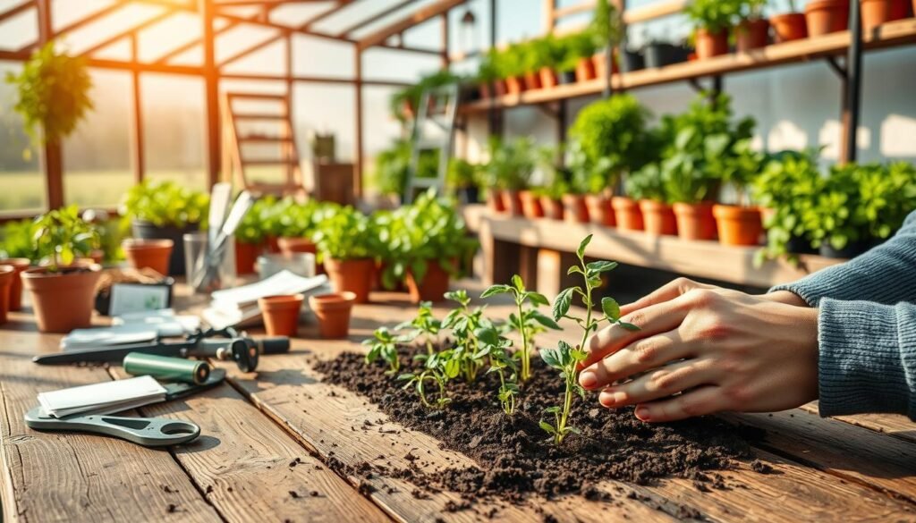 A wooden table in a well-lit, airy greenhouse, adorned with various gardening tools, seed packets, and small clay pots. In the foreground, a pair of weathered hands carefully tending to the soil, preparing it for the upcoming planting of herb seeds. The middle ground features a selection of fresh herb seedlings, their delicate leaves gently swaying in the soft breeze. In the background, rows of thriving potted herbs and plants line the shelves, casting warm, natural shadows across the scene. The overall atmosphere is one of tranquility, focus, and the anticipation of a bountiful harvest.