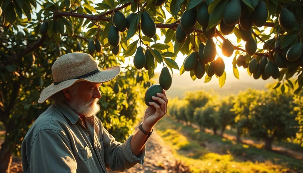 An expansive avocado orchard bathed in warm, golden sunlight. The lush, verdant canopy of mature avocado trees stretches out across the rolling hills, their heavy, ripe fruits hanging tantalizingly from the branches. In the foreground, a weathered farmer carefully inspects an avocado, assessing its readiness for harvest. The scene exudes a sense of tranquility and abundance, capturing the essence of the avocado's bountiful harvest season. A wide-angle lens captures the serene, bucolic landscape, inviting the viewer to imagine the satisfying crunch of freshly picked avocados.