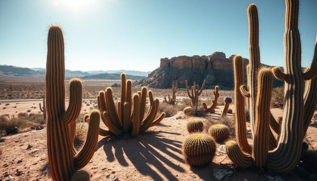Cactus plants thriving in an arid, desert-like setting. The foreground features a variety of cacti in different shapes and sizes, each casting long, dramatic shadows across the sandy ground. The middle ground showcases a picturesque rock formation, with sunlight filtering through the cracks and crevices. In the background, rolling hills and a cloudless, azure sky create a sense of expansive, tranquil isolation. The overall scene is bathed in warm, golden tones, with soft, directional lighting that accentuates the textural details of the cacti and terrain. The atmosphere evokes a serene, sun-drenched ambiance, perfectly suited for the ideal cactus habitat.
