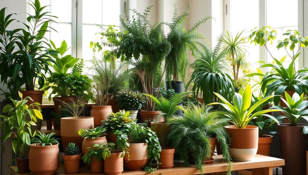 Decorating with plant pots: a lush indoor garden with an abundance of potted plants arranged in a harmonious display. Sunlight streams through large windows, casting a warm glow on the vibrant foliage. In the foreground, a variety of ceramic and terracotta pots in muted earthy tones sit atop a wooden table, their plants cascading gracefully. Midground, a mix of tall and bushy specimens, including ferns, succulents, and trailing vines, create a verdant, layered composition. The background features a neutral-toned wall, allowing the plants to take center stage. The overall scene conveys a sense of tranquility, nature, and considered design.