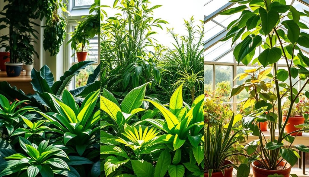 Lush, thriving plants nestled within diverse environments - a vibrant indoor oasis, a tranquil garden landscape, and a sun-dappled greenhouse. Meticulously rendered, showcasing the versatility of plant life as it adapts to distinct settings. Crisp, natural lighting illuminates the verdant foliage, casting gentle shadows that add depth and dimension. The composition guides the viewer's eye, leading them through a harmonious visual journey that celebrates the adaptability of houseplants. Warm, earthy tones complement the organic forms, conveying a sense of balance and serenity. This image embodies the idea of tailoring plant care to diverse habitats, inspiring the reader to explore the possibilities of cultivating a flourishing indoor garden.