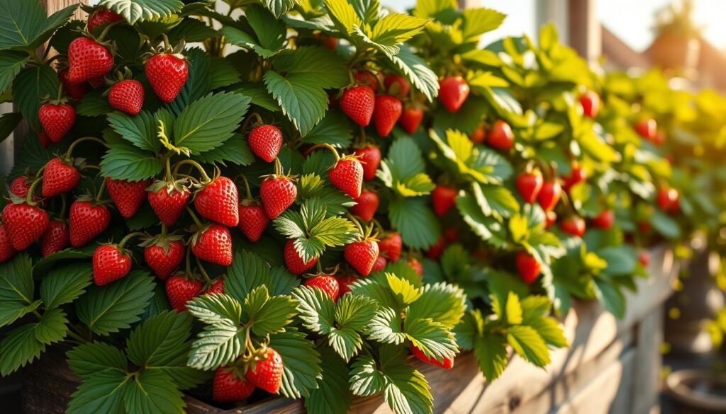 Lush, verdant container garden with an abundance of vibrant red strawberries nestled among glossy green foliage. Warm, golden afternoon sunlight bathes the scene, casting soft shadows and highlights that accentuate the natural textures. The strawberry plants are thriving in a rustic wooden planter, positioned on a small patio or balcony, surrounded by a cozy, homely atmosphere. The image conveys a sense of tranquility, satisfaction, and the joys of self-sufficient, homegrown produce.