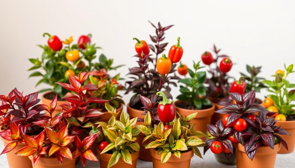 Ornamental peppers in small pots, their vibrant foliage and colorful fruits arranged in a charming still life. The foreground showcases a variety of compact pepper plants, their leaves ranging from deep green to warm shades of red and purple. The peppers themselves burst with jewel-toned hues, creating a captivating visual display. The middle ground features the small, terracotta pots that cradle the plants, lending an earthy, rustic touch. Soft, diffused lighting casts gentle shadows, highlighting the textures and forms of the peppers and foliage. The background is a simple, neutral backdrop, allowing the vibrant plants to take center stage. The overall mood is one of natural beauty, inviting the viewer to appreciate the compact, ornamental charm of these flavorful peppers.