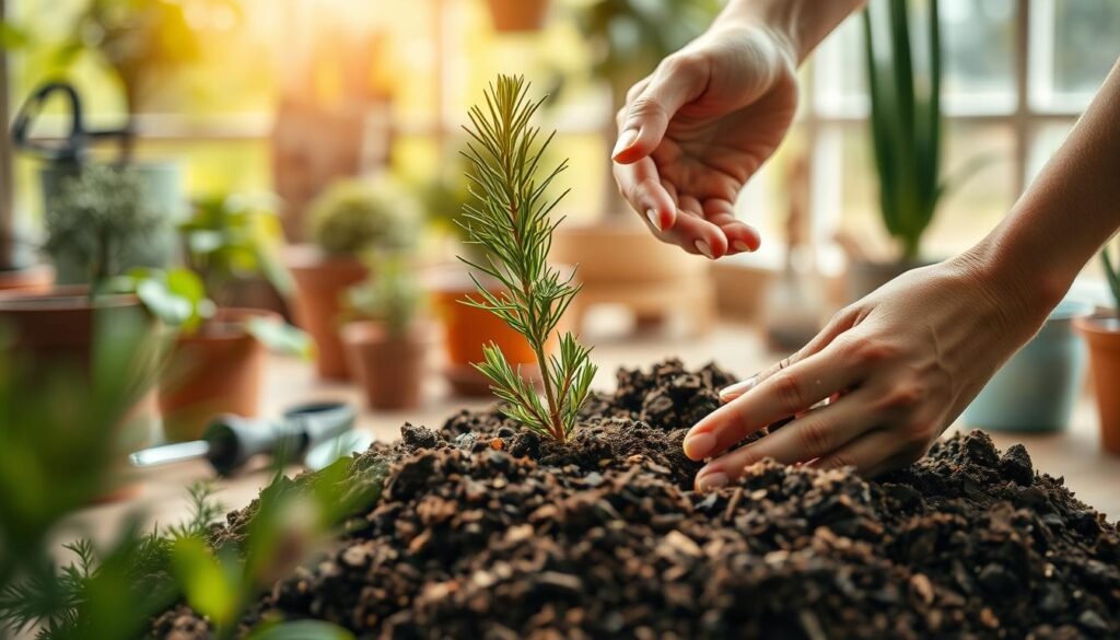 Preparando substrato para pinheiro: a lush, well-lit scene showing the preparation of soil and potting media for planting a young pine tree. In the foreground, a gardener's hands carefully mix and blend a rich, loamy substrate, incorporating organic matter and nutrients. The middle ground reveals the pine sapling, its delicate roots ready to be nestled into the prepared bed. In the background, a warm, natural-light-filled interior with potted plants and gardening tools sets the tranquil mood. The composition highlights the nurturing process, with attention to detail and care for the seedling's healthy growth.