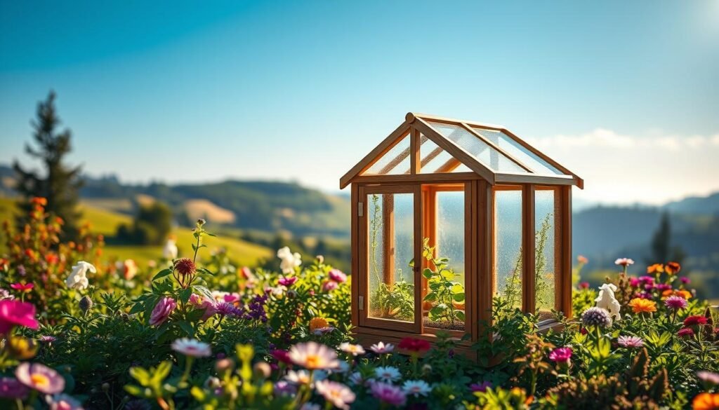 A cozy, artisanal miniature greenhouse nestled amidst a lush, verdant garden. The foreground features a small, wooden structure with large, transparent panels, allowing ample sunlight to filter in. Delicate seedlings and fragrant herbs thrive within, their leaves gently swaying in the warm, gentle breeze. In the middle ground, a mosaic of colorful blooms and foliage frame the miniature greenhouse, creating a harmonious, natural setting. The background showcases a serene, tranquil landscape, with rolling hills and a clear, azure sky overhead, illuminated by soft, diffused lighting, evocative of a nurturing, family-friendly atmosphere.