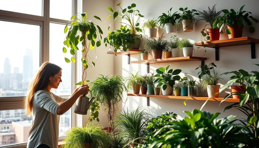 A lush indoor plant garden thriving in a sun-filled apartment. In the foreground, a woman tenderly waters a vibrant potted plant, her face serene as she attends to its delicate leaves. The middle ground features a variety of thriving houseplants artfully arranged on floating shelves, their verdant foliage complementing the warm, natural light pouring in from large windows. In the background, a glimpse of the city skyline can be seen through the glass, creating a harmonious blend of urban and botanical elements. The scene exudes a sense of tranquility and mindful plant care, perfectly capturing the essence of maintaining a flourishing indoor garden oasis.