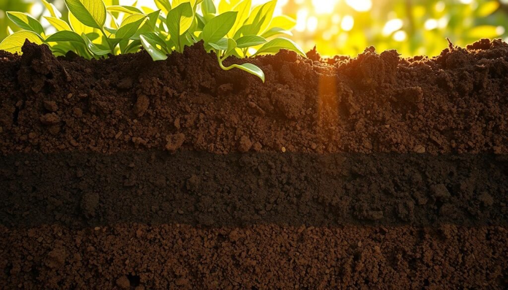 A lush, verdant cross-section of soil, revealing the intricate layers of moisture retention. In the foreground, fine-grained particles cling to water molecules, creating a moist, spongy texture. The middle ground showcases a network of capillary channels, allowing water to be drawn upwards through the soil. In the background, larger soil aggregates and porous spaces allow for efficient drainage, preventing waterlogging. Warm, golden sunlight filters through the scene, illuminating the earthy tones and conveying a sense of balance between moisture and aeration. The overall composition evokes the delicate equilibrium of soil moisture, essential for healthy plant growth.