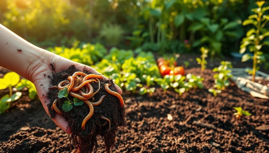A lush, verdant garden scene showcasing the evolution of soil health over time. In the foreground, a handful of rich, dark soil crumbles between the fingers, revealing vibrant earthworms and a flourishing network of plant roots. The middle ground depicts a vibrant vegetable patch, with thriving crops in various stages of growth, nourished by the well-tended earth. In the background, a timeline of seasons unfolds, from the new spring growth to the lush summer bounty, the autumn's crisp leaves, and the winter's quiet renewal - all reflecting the cyclical nature of nurturing the land. Warm, golden sunlight filters through, casting a serene, hopeful atmosphere. Captured with a wide-angle lens to convey the interconnectedness of this thriving, sustainable ecosystem.