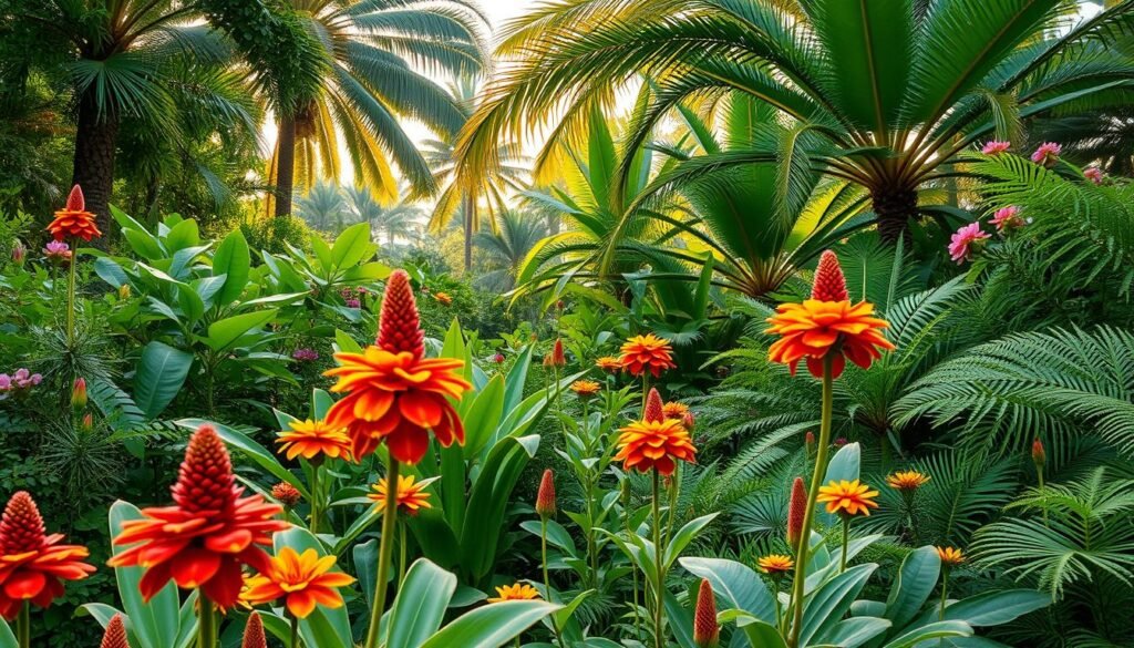 A lush, verdant garden teeming with native Brazilian plants, showcasing the country's remarkable biodiversity. In the foreground, vibrant red and yellow flowers stand tall, their petals dancing in a gentle breeze. The middle ground reveals a diverse array of leafy greens, from the broad, glossy leaves of the Brazilian pepper tree to the intricate fronds of the tree fern. In the background, a canopy of towering palms and flowering trees creates a serene, natural atmosphere, filtering the warm, golden sunlight that bathes the scene. The overall composition conveys a sense of harmony and balance, highlighting the importance of preserving and celebrating the native plant life that is integral to a sustainable and thriving garden ecosystem.