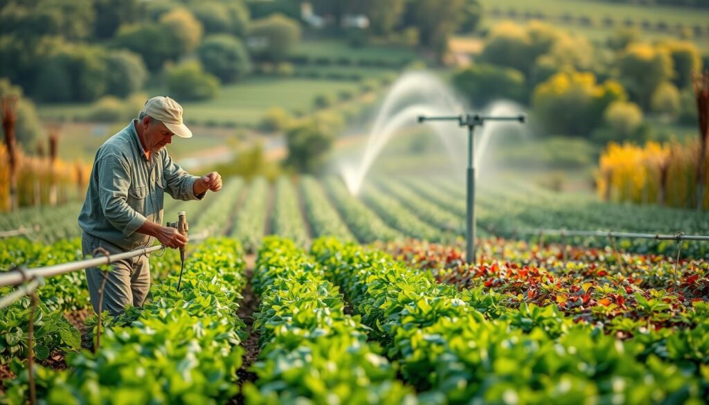 A lush, verdant landscape depicting the management of irrigation in different seasons. In the foreground, a farmer inspects a drip irrigation system, adjusting the flow to precisely nourish the thriving crops. In the middle ground, a sprinkler system rhythmically waters a diverse array of plants, each adapted to its respective season. The background showcases a panoramic view of the changing scenery, from the vibrant greens of spring to the muted tones of autumn, highlighting the adaptability of the irrigation techniques. The scene is illuminated by soft, natural lighting, capturing the harmony between man and nature. The overall mood conveys a sense of balance, efficiency, and environmental stewardship.