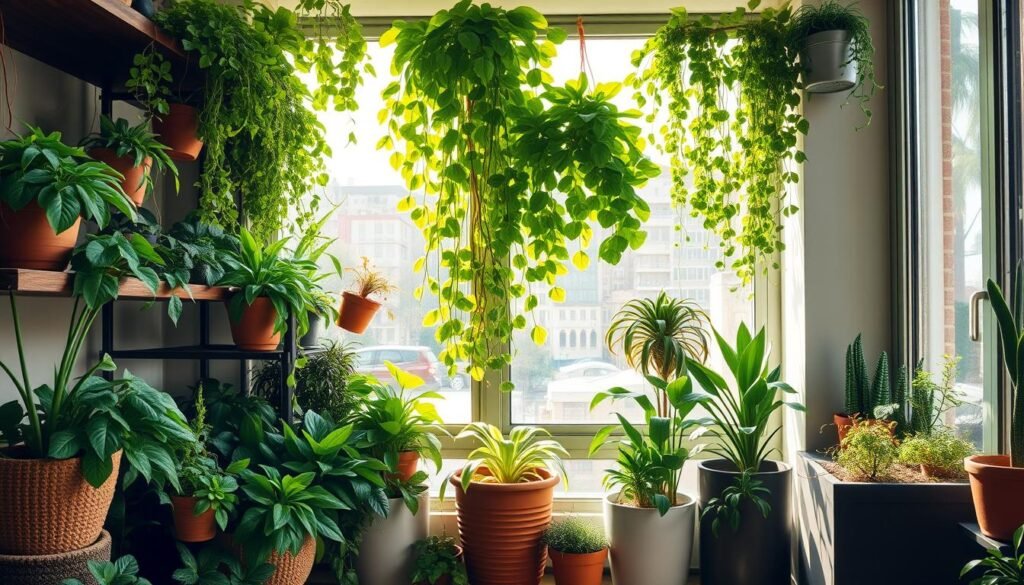 A lush, verdant vertical garden thriving in a cozy apartment setting. Vibrant, cascading foliage spills over shelves and trellises, creating a refreshing oasis amidst the urban landscape. Sunlight filters through large windows, casting a warm, golden glow on the diverse array of plants. Textured terracotta pots and sleek, minimalist planters accentuate the natural beauty. A sense of tranquility and harmony pervades the scene, inviting the viewer to immerse themselves in this compact, yet impactful green sanctuary.