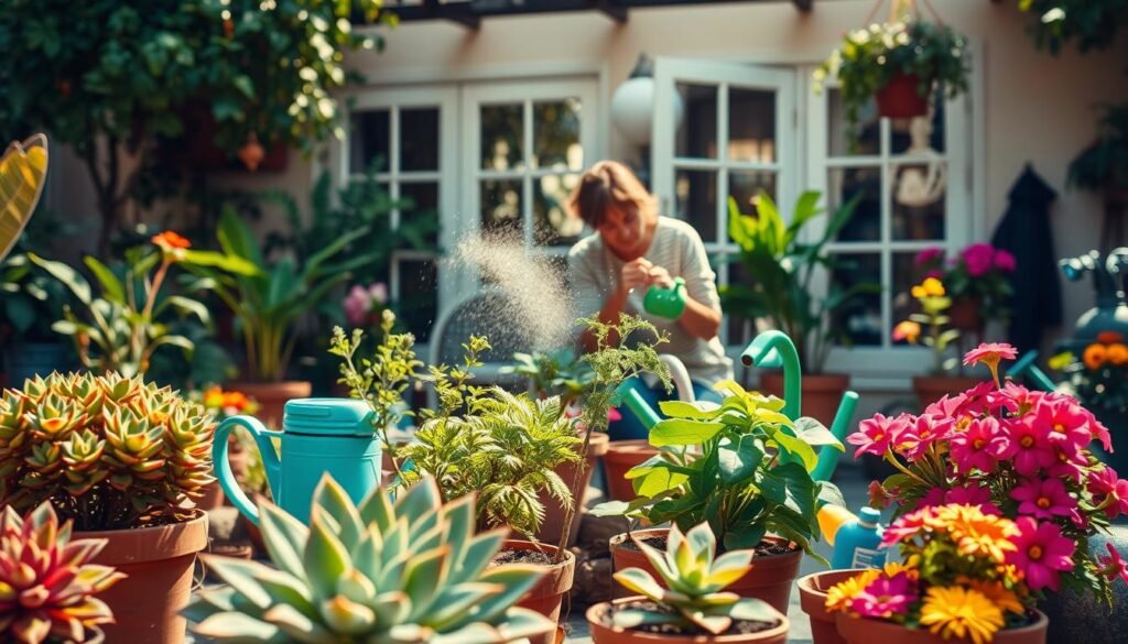 A lush, vibrant garden scene showcasing the key factors that influence optimal plant watering. In the foreground, a variety of potted plants with differing water needs - from succulents to flowering annuals. In the middle ground, a gardener thoughtfully examining soil moisture with their fingers, surrounded by watering cans and irrigation tools. The background features a sun-dappled patio, with environmental factors like rainfall, temperature, and humidity visible through open windows. Warm, golden lighting illuminates the scene, conveying a sense of care and attention to plant health. The composition emphasizes the interconnected nature of these watering variables, encouraging the viewer to consider their impact on achieving the ideal watering routine.