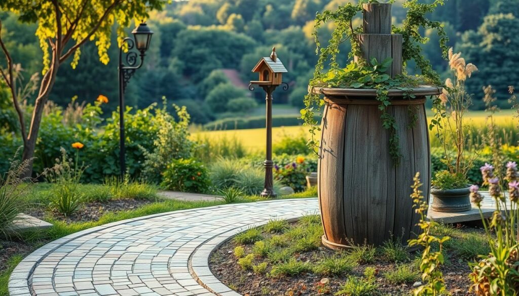 A tranquil garden scene where recycled materials have been thoughtfully integrated. In the foreground, a mosaic pathway curves invitingly, crafted from reclaimed tiles and glass shards. Towering behind, a majestic planter stands tall, its sturdy frame built from salvaged wood and metal. Trailing vines and lush greenery cascade over the edges, creating a sense of harmony. In the middle ground, a whimsical birdhouse perches atop a repurposed pole, its vibrant colors adding a playful touch. The background features a lush, verdant landscape, with the warm glow of the sun casting a serene, natural light across the scene. The overall atmosphere conveys a sustainable, eco-friendly garden oasis, where creativity and resourcefulness have been seamlessly blended.