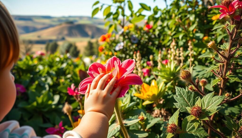 Lush garden bursting with vibrant colors and diverse textures. In the foreground, a young child's hands gently caress the soft petals of a vibrant flower, their eyes filled with wonder. The middle ground showcases an array of plants with varied leaf shapes, patterns, and surfaces - velvety leaves, rough bark, fuzzy stems. In the background, a sunlit landscape of rolling hills and a clear blue sky, creating a serene and enchanting atmosphere. Warm, natural lighting illuminates the scene, highlighting the intricate details and inviting the viewer to immerse themselves in the sensory exploration of this captivating garden.